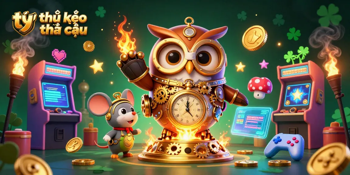 Engage with tỷ lệ kèo nhà cái in this dynamic, vivid casino-themed illustration featuring a time-traveling owl and gaming elements.