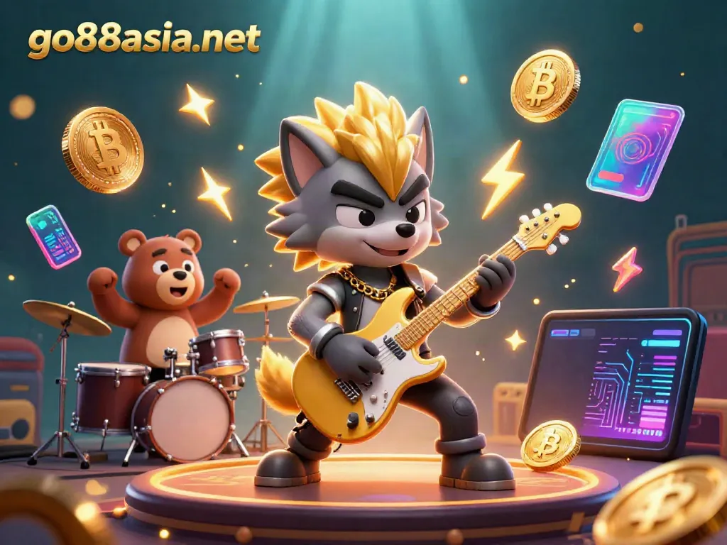 Experience dynamic gaming excitement at go88asia net with a rock star wolf and drummer bear in a vibrant casino scene.