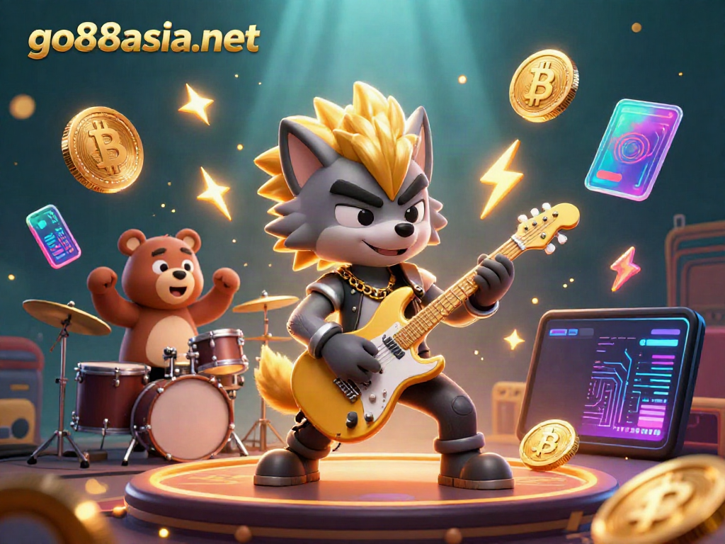 Experience dynamic gaming excitement at go88asia net with a rock star wolf and drummer bear in a vibrant casino scene.