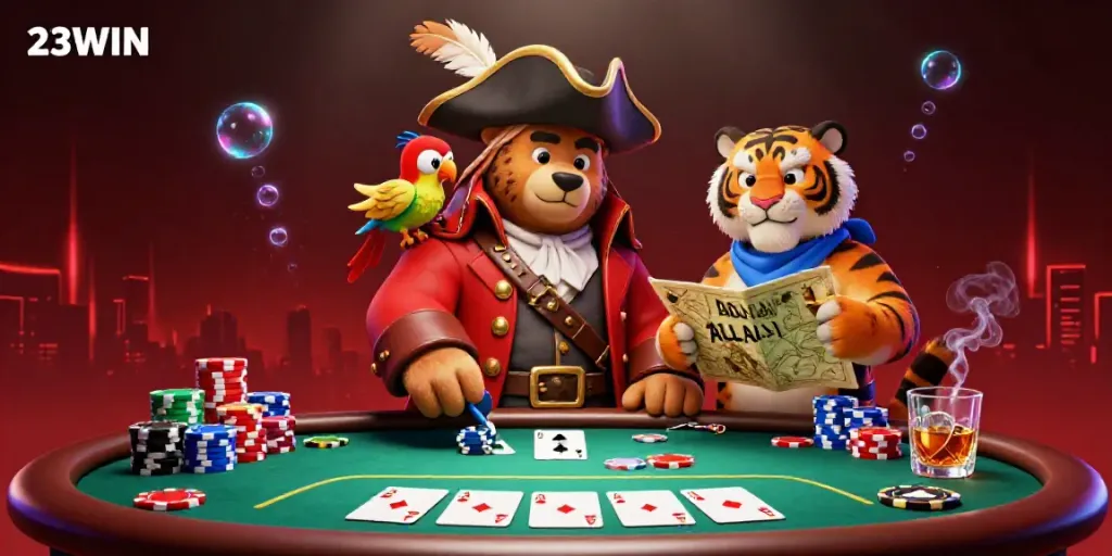 Experience vibrant casino excitement at 23WIN with a lively pirate scene showcasing poker elements.