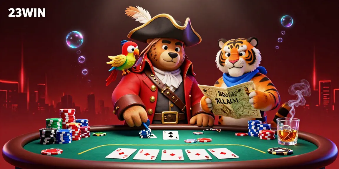 Experience vibrant casino excitement at 23WIN with a lively pirate scene showcasing poker elements.