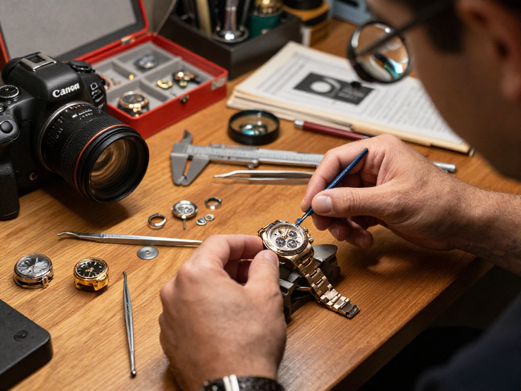 Technician carefully assembling 4130 Daytona movement parts in a luxury watch repair workshop, highlighting craftsmanship.