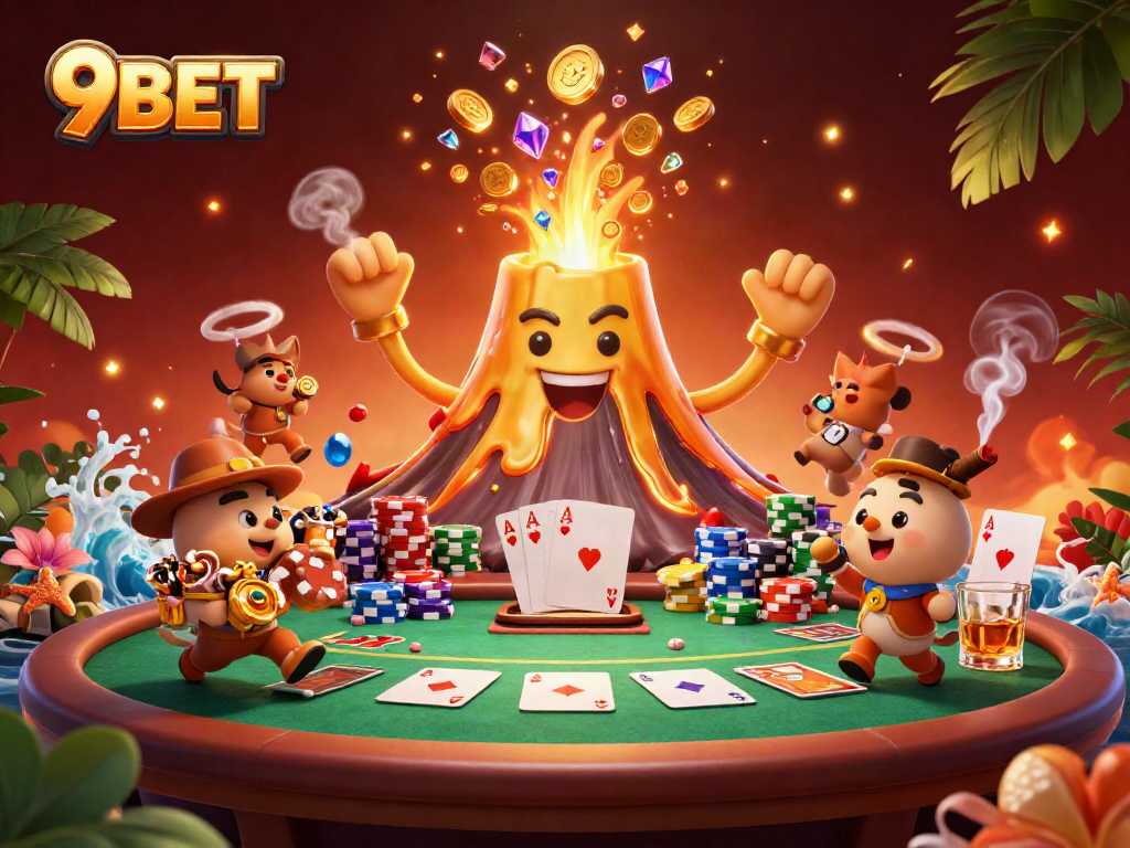 9BET showcases an epic scene with a volcano erupting treasure at a vibrant poker table.