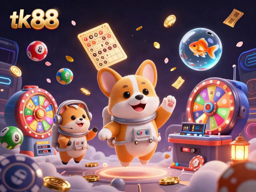Experience thrilling gaming at tk 88 as a cartoon astronaut corgi floats in a vibrant, dynamic casino scene.