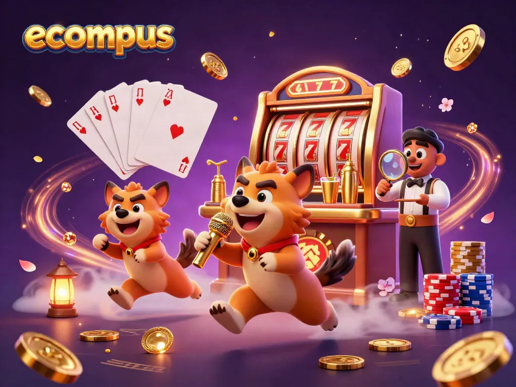 Ecompus showcases a vibrant casino scene with hyenas, golden stacks, and slot reels.
