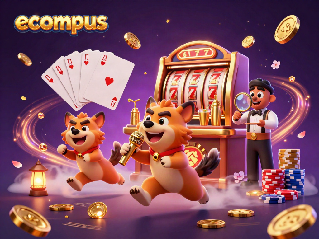 Ecompus showcases a vibrant casino scene with hyenas, golden stacks, and slot reels.