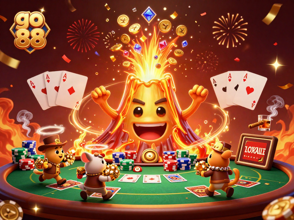 Experience the thrill of go 88 with a vibrant 3D casino illustration of a volcano and treasures.