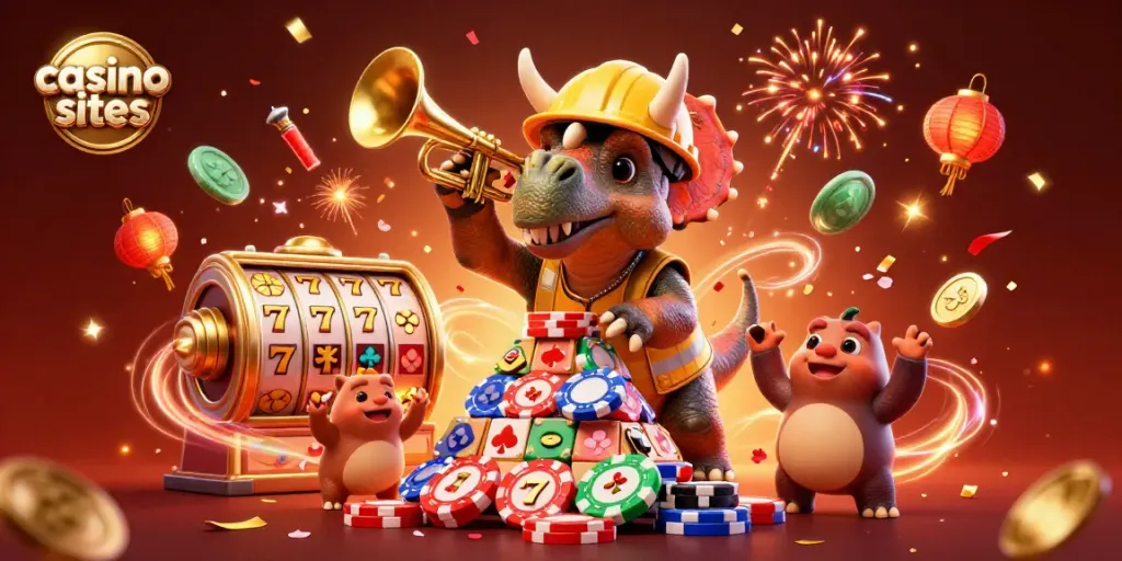 Cheerful scene of casino sites with lively characters building poker chip pyramids.