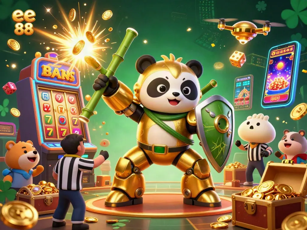 Experience an exciting jackpot with ee 88 in a vibrant casino scene featuring a mech-suit panda.
