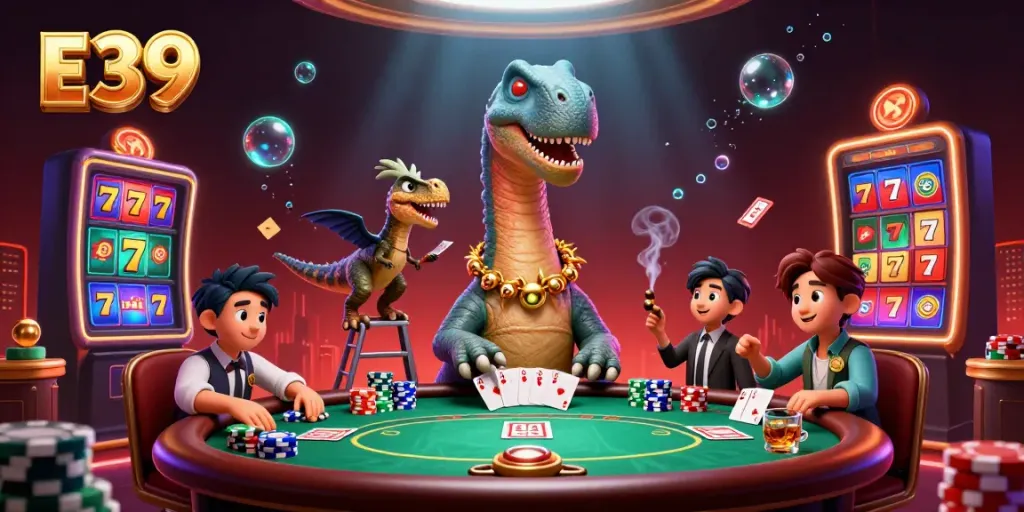 Experience high-stakes gaming with E39 as a giant brontosaurus surveys a lively poker table.