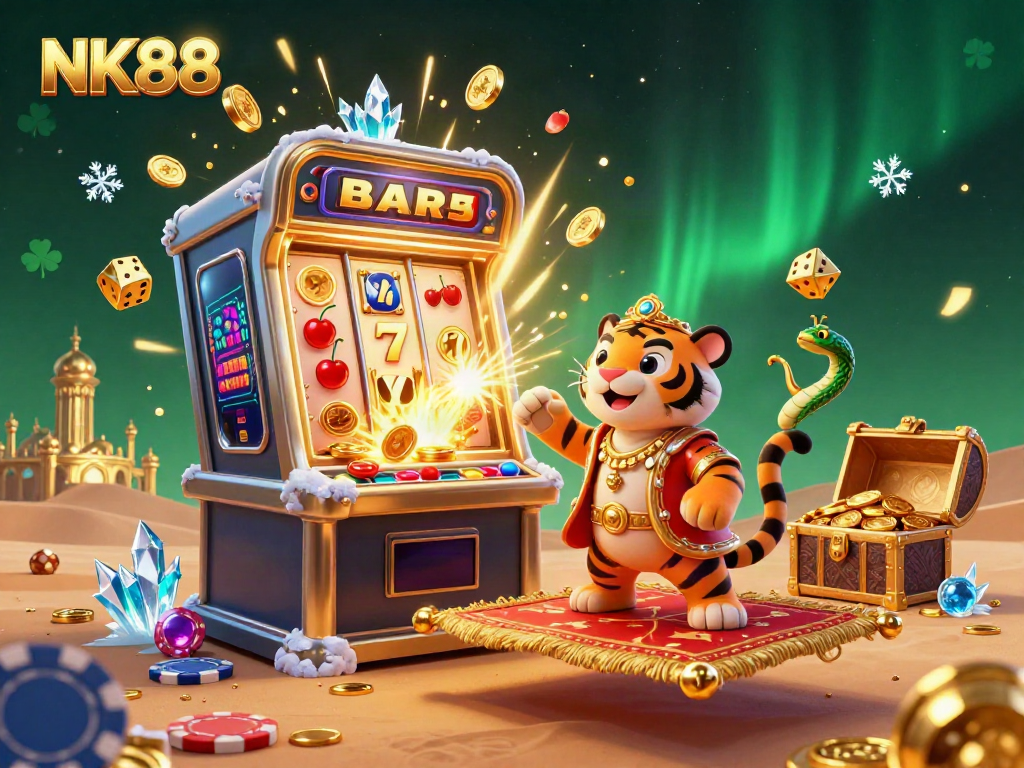 Experience the vibrant world of NK88, featuring a giant slot machine and treasures in a dazzling digital illustration.