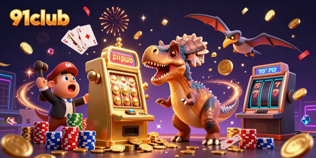Experience thrilling wins with 91club as the pachycephalosaurus hits the jackpot on a golden slot machine.