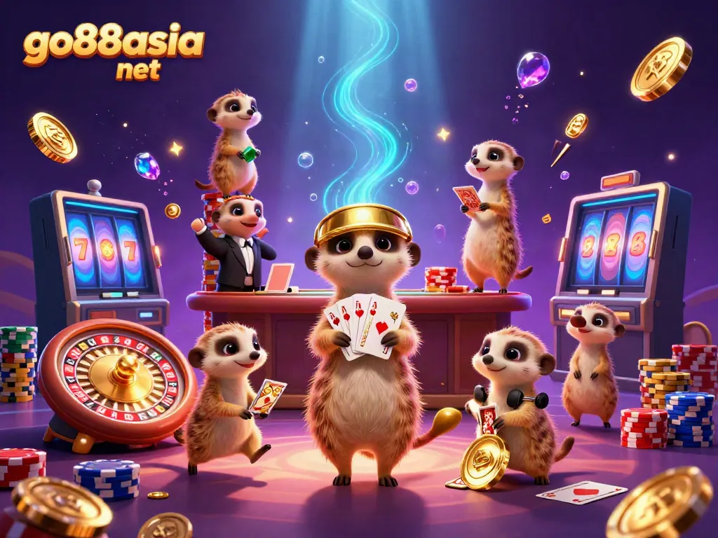 Experience the lively go88asia net casino with meerkats dealing cards and spinning roulette amidst sparkling gems.