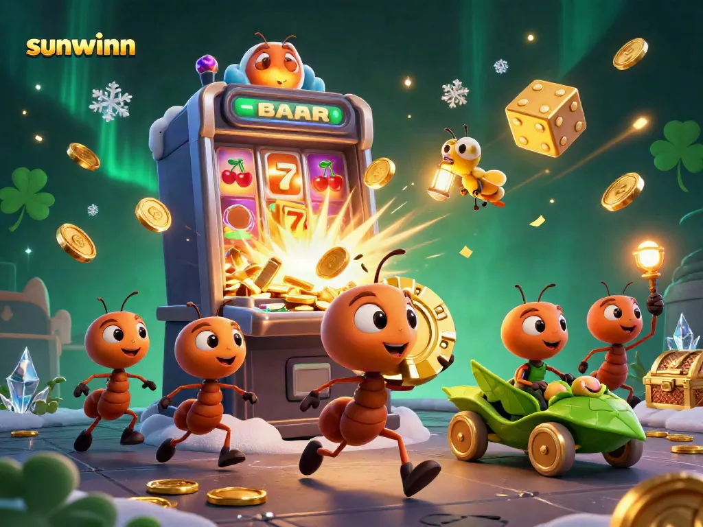 Engaging scene with the sunwinn team of ants transporting a giant poker chip surrounded by casino game elements.