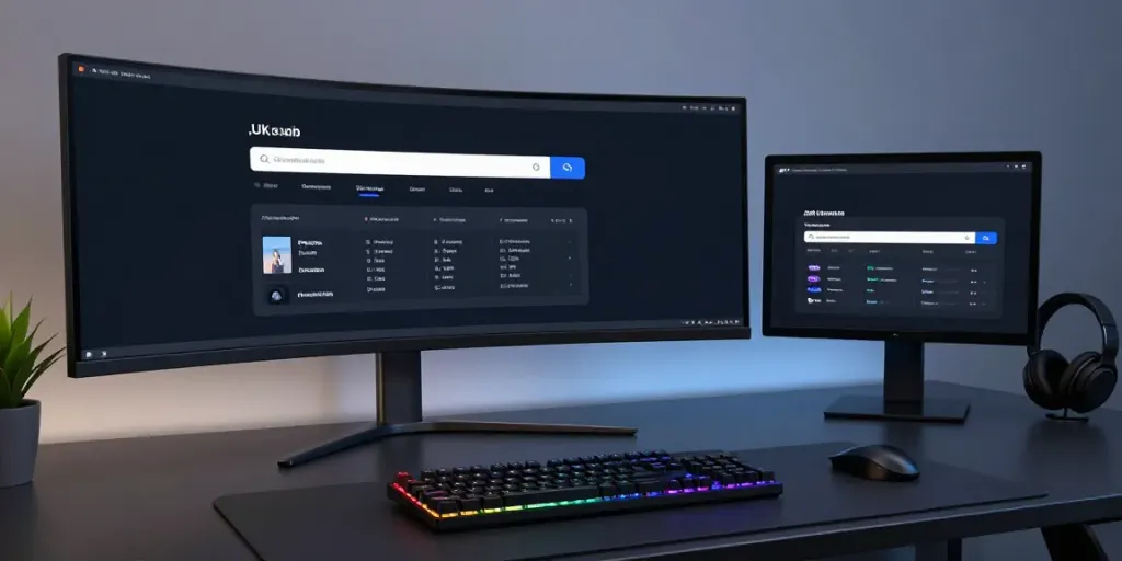 .uk domain search in a sleek modern developer workspace featuring coding and registration tools.