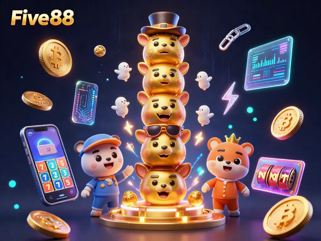 Experience the excitement at Five 88 with a lively casino scene featuring dynamic slot elements and crypto coins.
