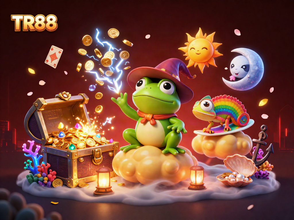 Engage with the thrilling world of TR88 at the casino, featuring a wizard frog amidst a storm of coins.