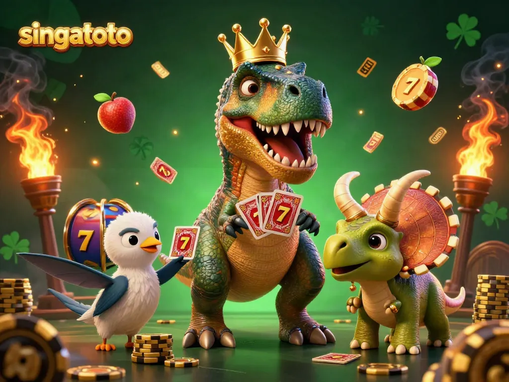 Experience gaming thrills with singatoto as a T-Rex deals cards in a vibrant casino scene.