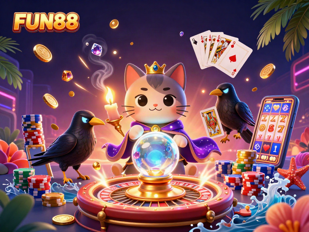 Experience FUN88’s dynamic casino world featuring colorful characters, coins, and game elements.