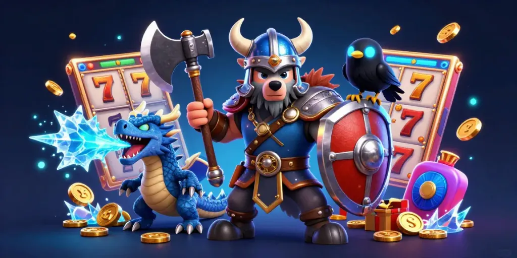 Experience thrilling wins with 789clube's vibrant gaming environment featuring a Viking warrior, dragon, and casino elements.