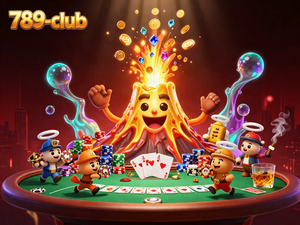 Engaging 3D illustration of 789-club's golden volcano erupting coins amid a lively casino scene with poker elements.