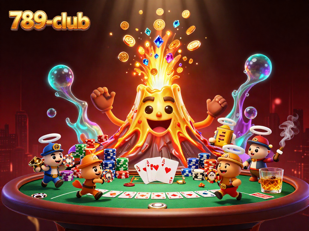 Engaging 3D illustration of 789-club's golden volcano erupting coins amid a lively casino scene with poker elements.