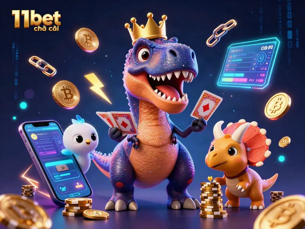 Engage with 11bet nhà cái featuring a T-Rex shuffling cards and a pterodactyl, highlighting lively casino action.