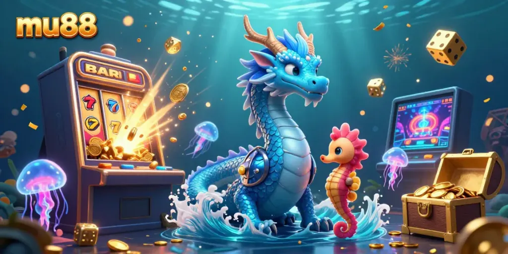 Experience riveting gaming action with mu88, featuring a vibrant lottery dragon, casino symbols, and underwater visuals.