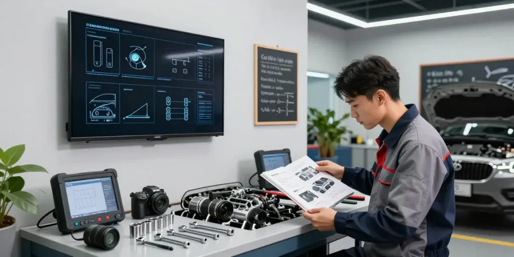 Car parts guides used by a mechanic in a modern garage for inspections and repairs.