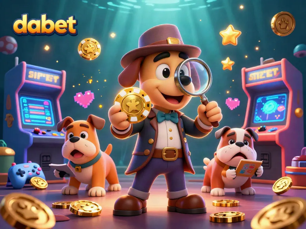 Dabet players uncovering hidden treasures with a detective and bulldog in a vibrant casino world.