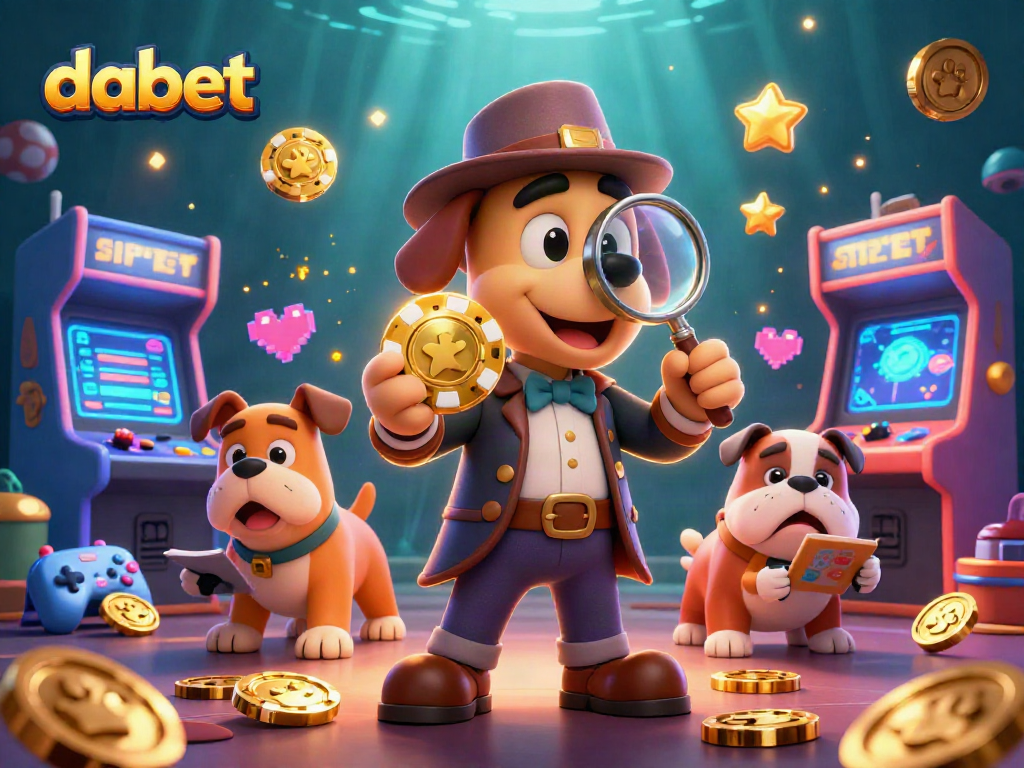 Dabet players uncovering hidden treasures with a detective and bulldog in a vibrant casino world.