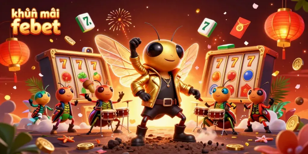 Experience khuyến mãi febet in an engaging, energetic 3D illustration with cartoon characters and casino elements.