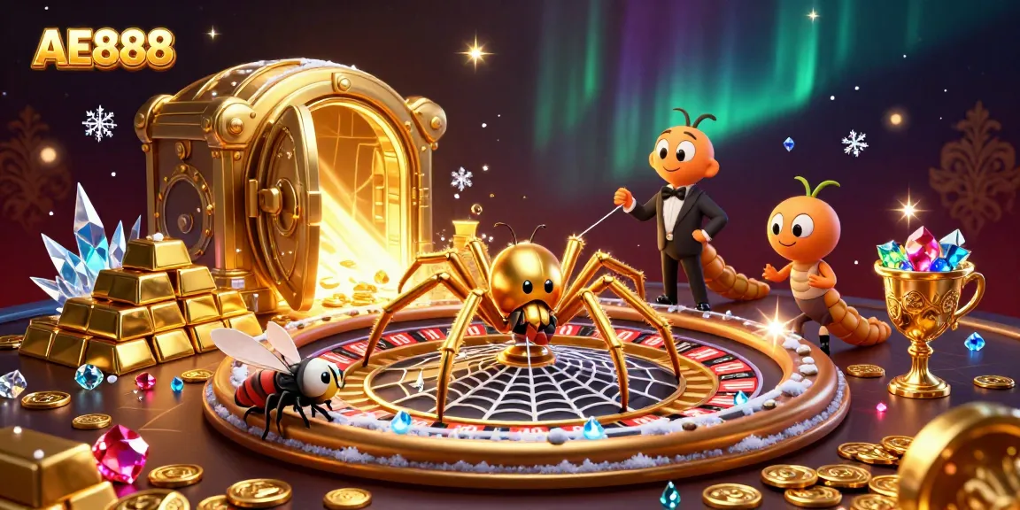 Spin the roulette wheel with AE888: a whimsical 3D illustration of a spider, fly, and centipede engaging in casino fun.