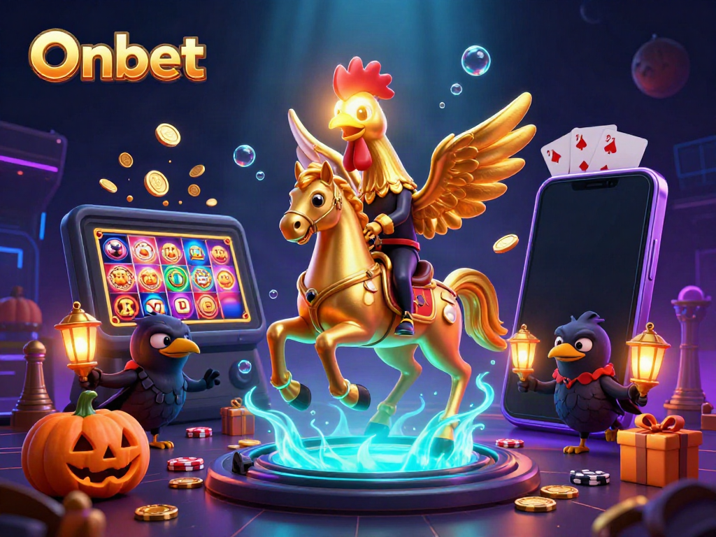 Onbet presents a dazzling casino scene with a golden rooster and pumpkin-headed crows amid game elements.