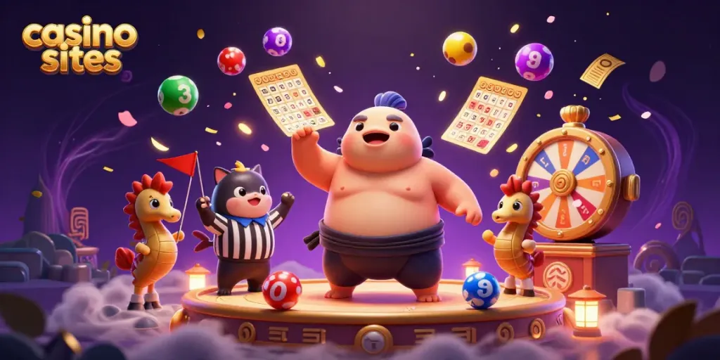 Engaging casino sites illustration featuring characters enjoying dynamic lottery games.