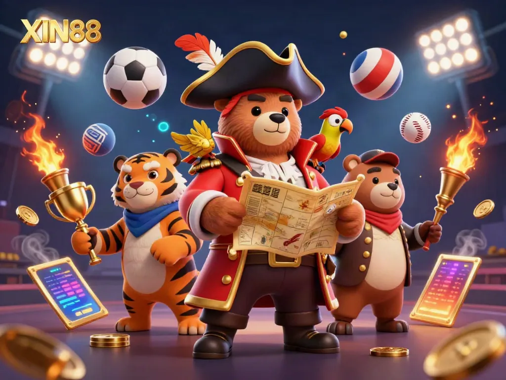 XIN88 offers a captivating 3D illustration of a pirate bear and tiger amidst vibrant casino elements.