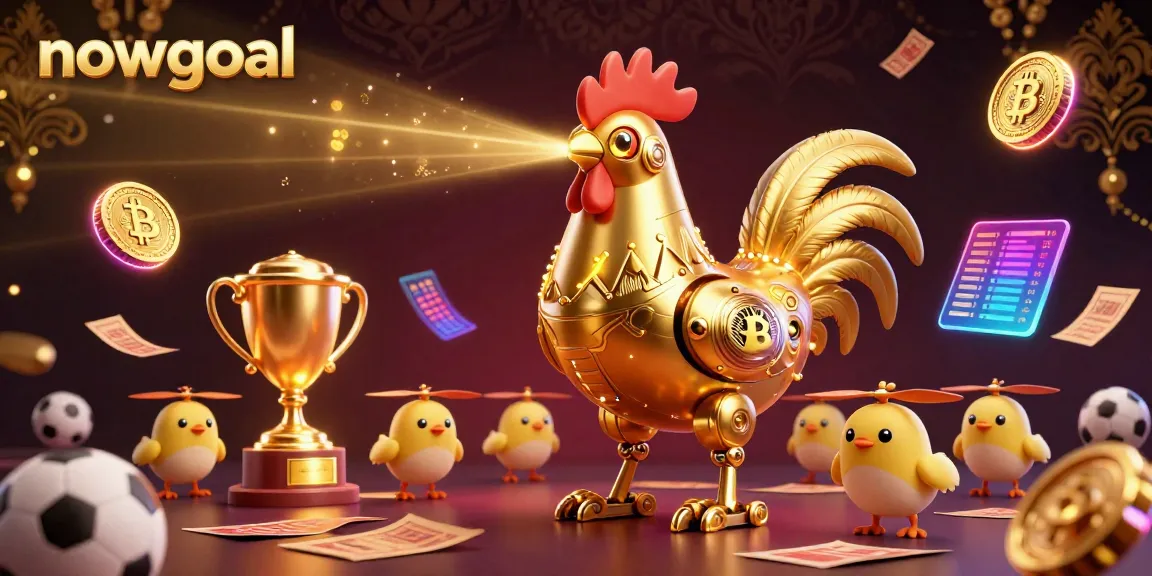 Engage in dynamic betting action with nowgoal in a vibrant 3D sports scene featuring golden rooster robots and betting elements.