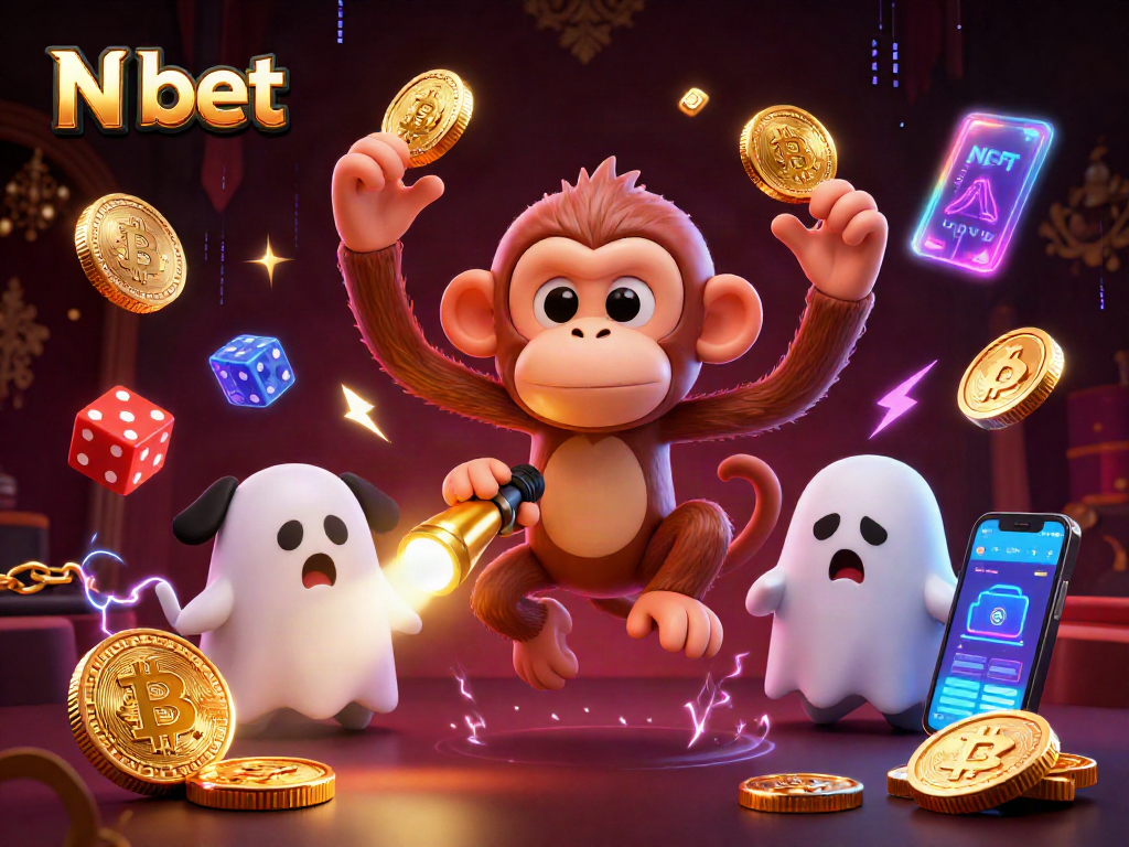 N bet features a ghostly puppy tracking a playful poltergeist monkey juggling casino tokens.