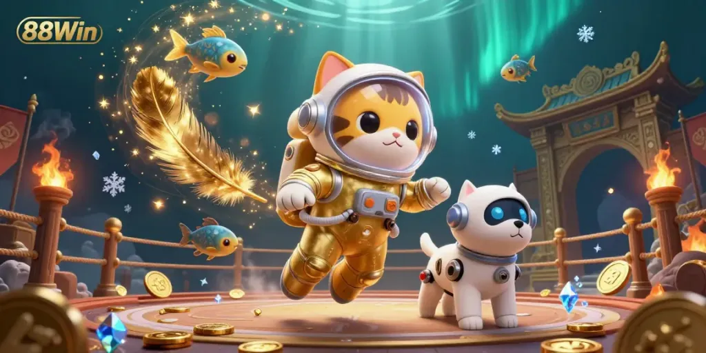 Engage with exhilarating games at 88Win, showcasing a vibrant casino atmosphere with unique characters.