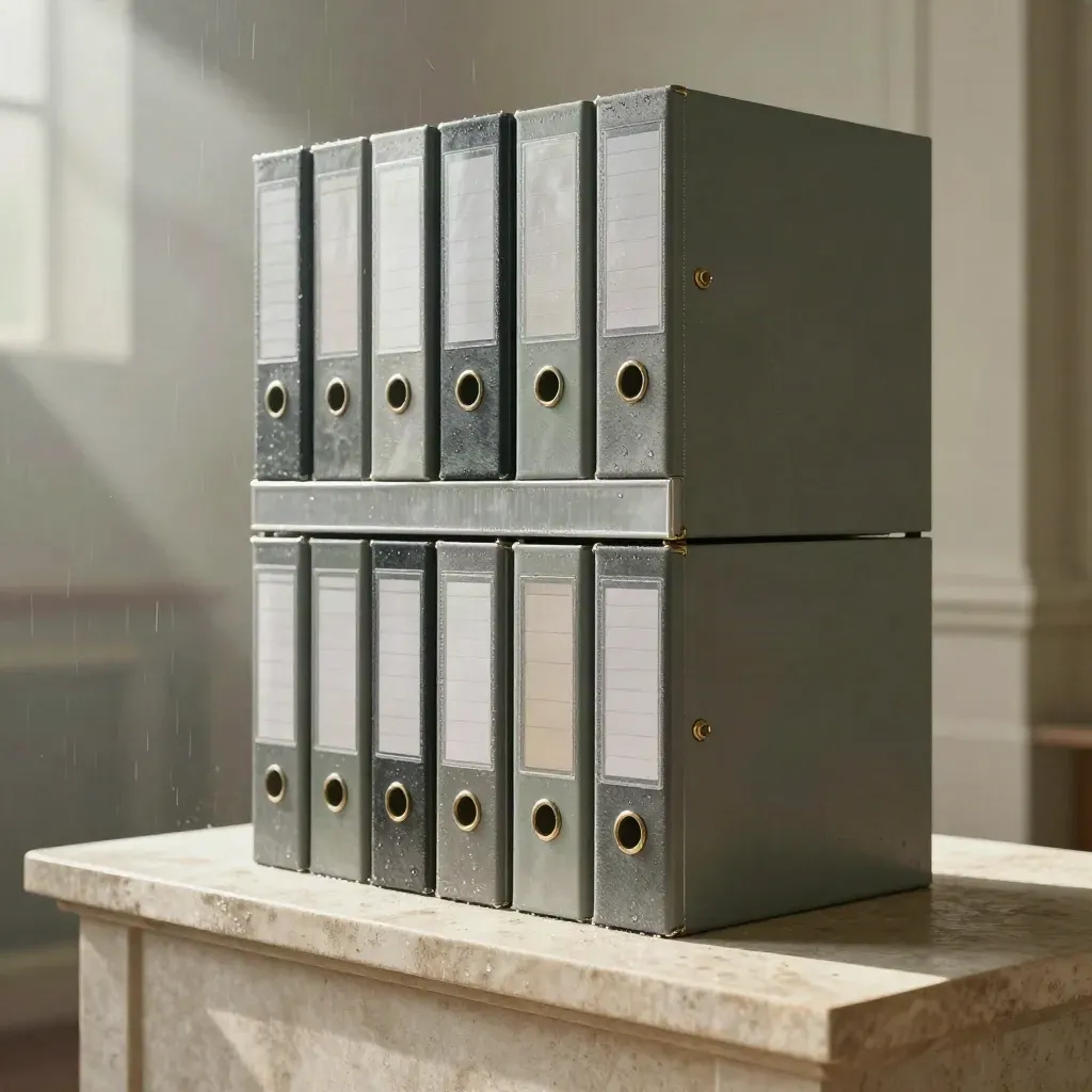 Archive binders on a stone plinth in rain haze, lit from above left.