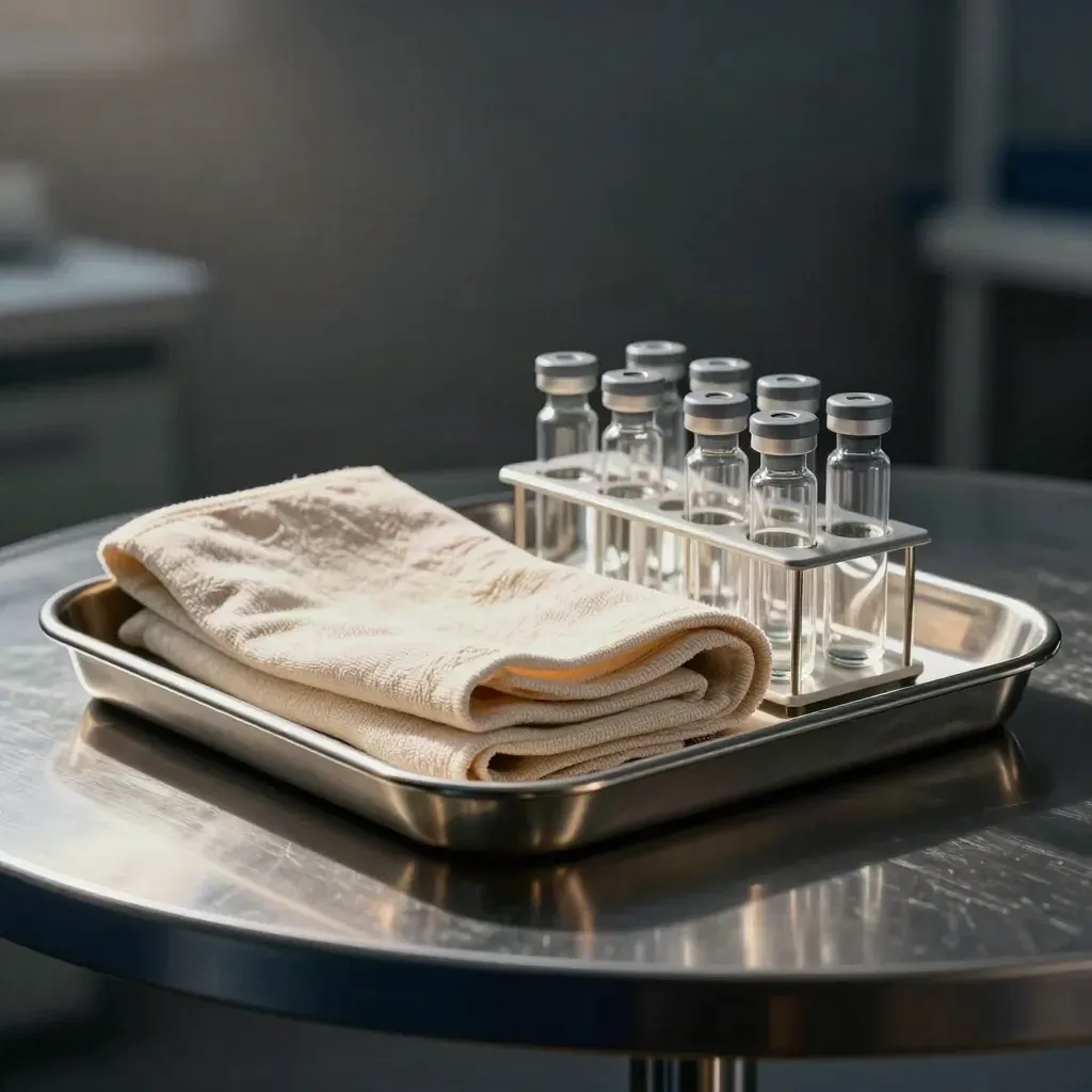 Brushed steel file tray, folded cloth and sample vial rack in a dark hazy studio still life