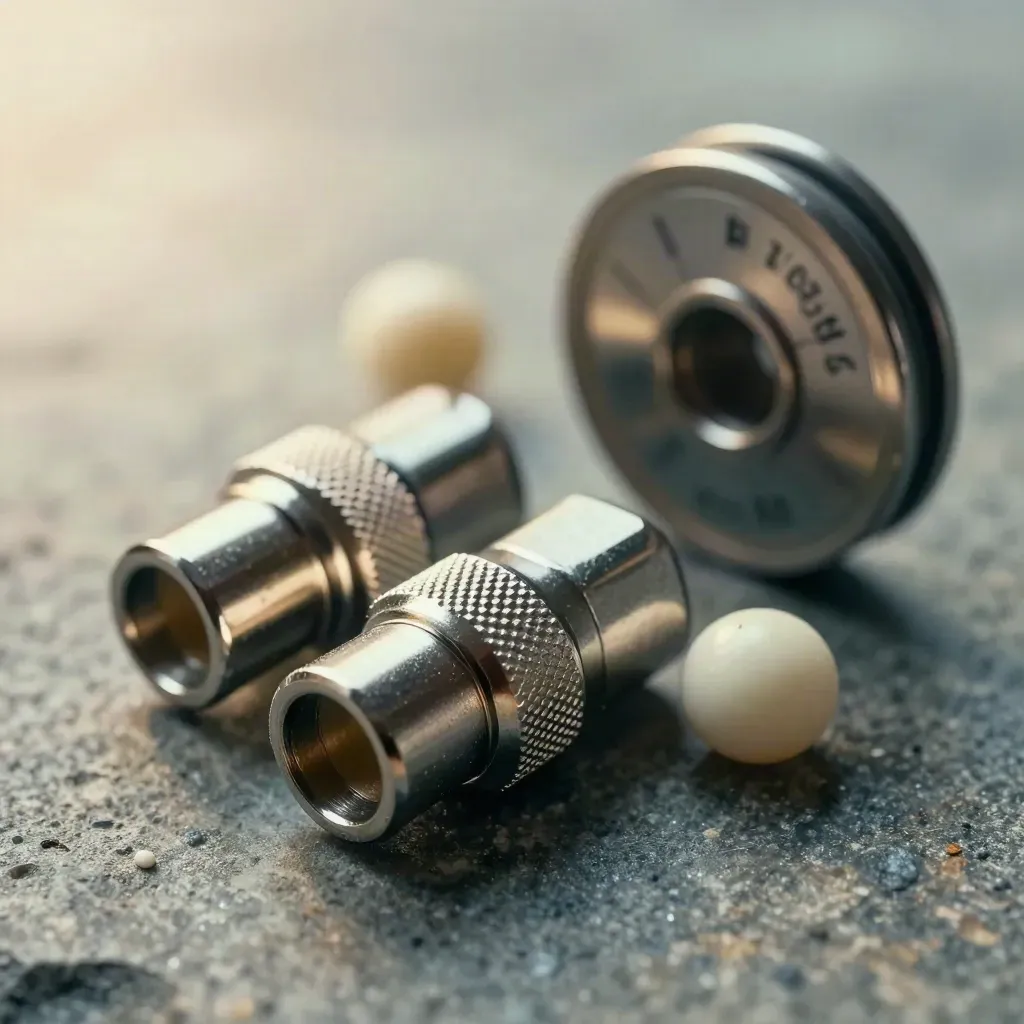 Macro connectors and a metal service tag spool on stone in dramatic light