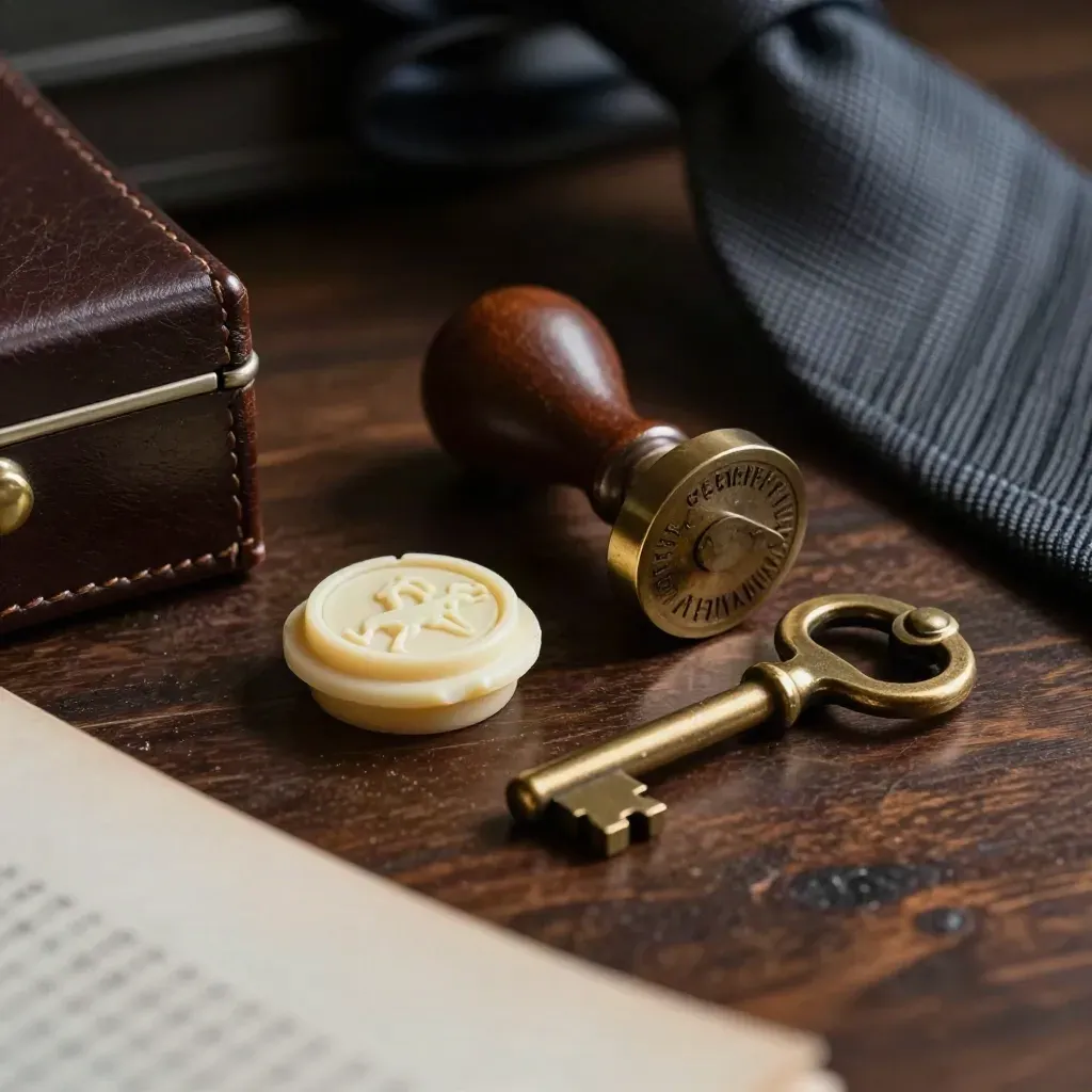 Wax-sealed archive box with brass key and embossed stamp on dark walnut, softly lit