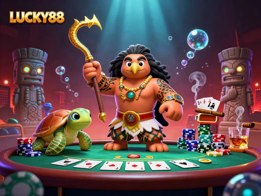 Experience LUCKY88 with vibrant characters and dynamic casino elements in this immersive 3D illustration.