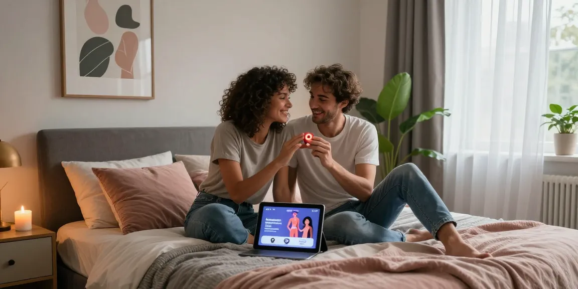 Couple exploring ai sex education tools on a tablet in a cozy bedroom setting.
