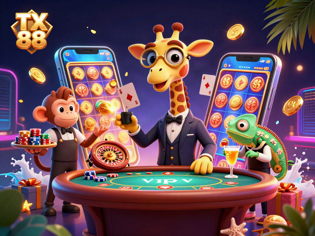 Experience the excitement at TX 88 with vibrant gameplay featuring lively characters and casino elements.