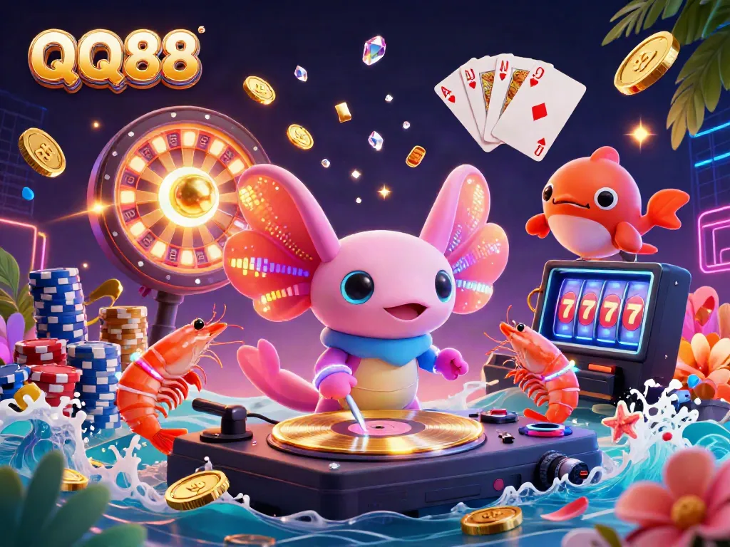 Experience the vibrant world of QQ88 with a dynamic 3D illustration featuring an axolotl DJ and exciting casino elements.