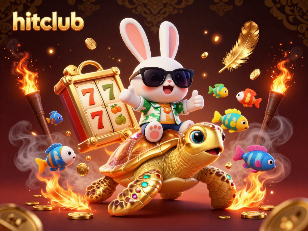 Spin the reels with hitclub's lucky rabbit and golden sea turtle in a vibrant casino scene.