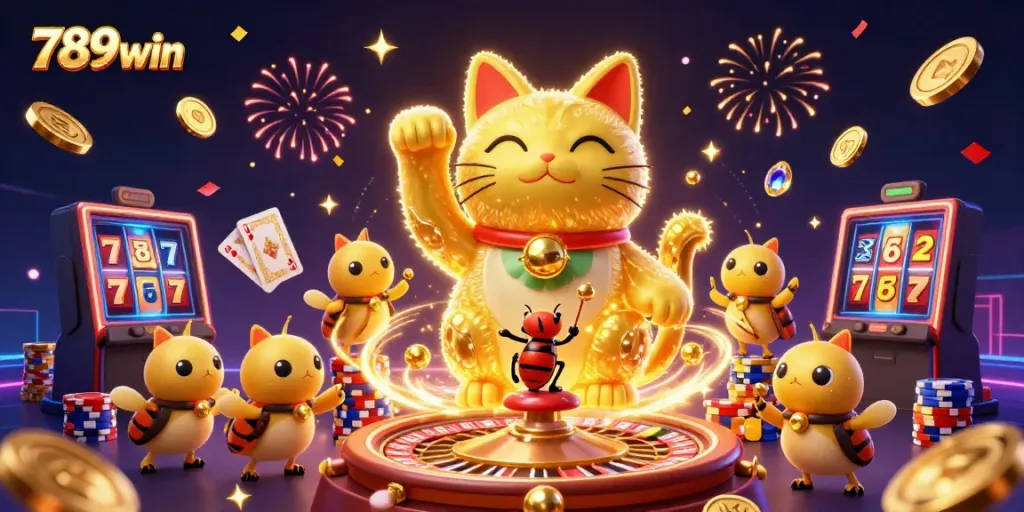 Experience the excitement of 789win with festive casino symbols, golden coins, and lucky cat character.