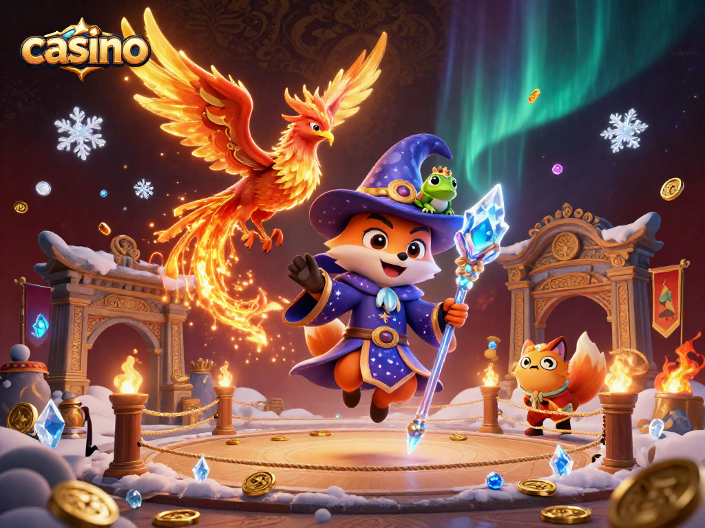 Engage with our vibrant casino scene featuring a mystical fox wizard and phoenix among gold coins.
